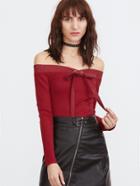 Shein Burgundy Off The Shoulder Eyelet Bow Tie Ribbed T-shirt
