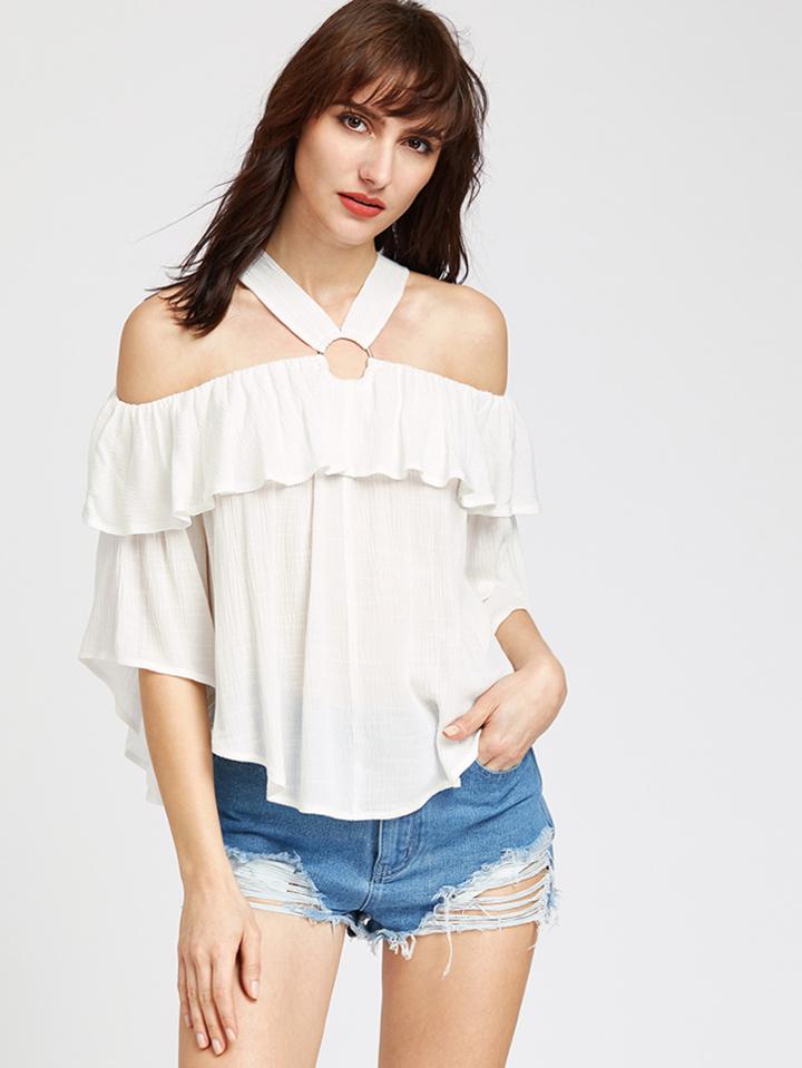 Shein White O Ring Cold Shoulder Ruffle Top