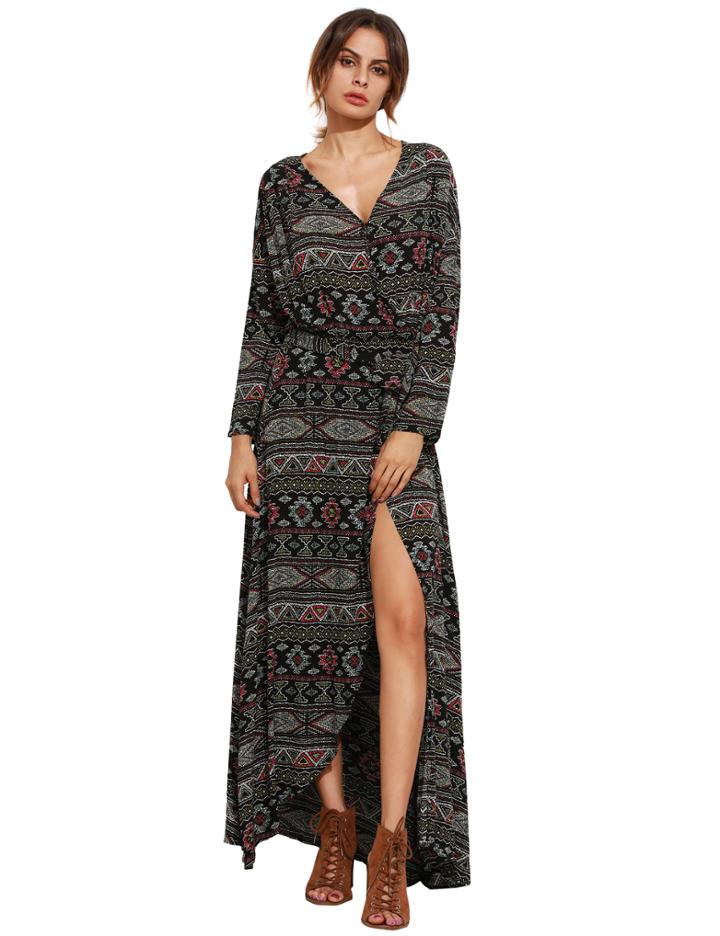 Shein Tie Waist Floor Length Wrap Dress