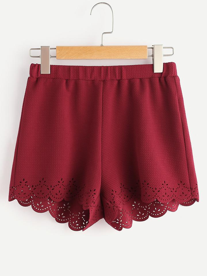 Shein Elastic Waist Textured Laser Cut Scallop Shorts