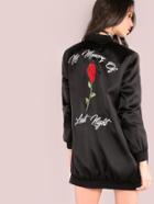 Shein Black Rose Embroidered Back Silky Bomber Jacket