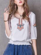 Shein Flower Embroidered Shirred Hem Blouse - White