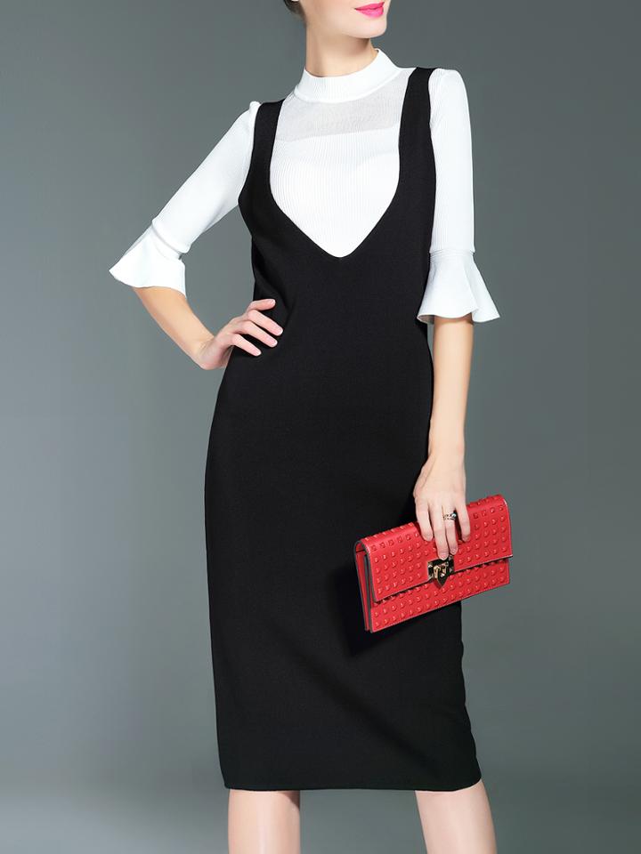 Shein White Knit Bell Sleeve Two-piece Dress