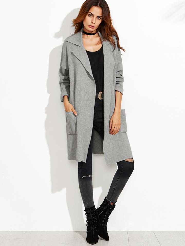 Shein Heather Grey Drop Shoulder Open Front Sweater Coat With Pockets