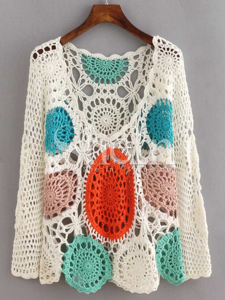 Shein Multicolor Long Sleeve Scoop Neck Crochet Blouse