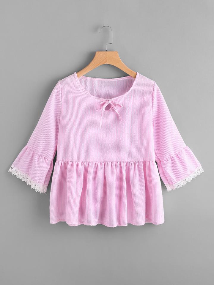 Shein Contrast Lace Trim Vertical Striped Smock Blouse