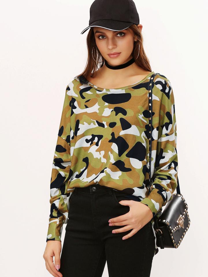 Shein Olive Green Camo Print Drop Shoulder High Low T-shirt