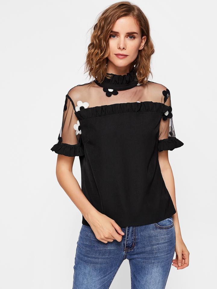 Shein Flower Embroidered Mesh Shoulder Frilled Top
