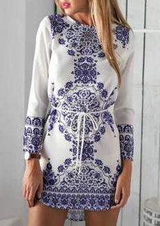Shein Blue Long Sleeve With Belt Vintage Print Dress