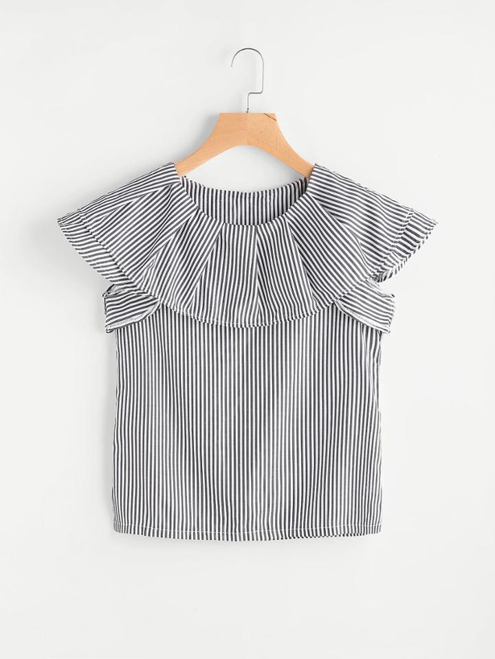 Shein Vertical Striped Flounce Trim Blouse