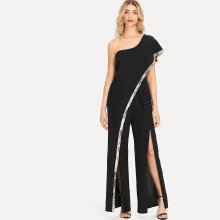 Shein One Shoulder Contrast Tape Slit Overlap Jumpsuit