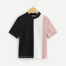 Shein Girls Mock Neck Color Block Tee