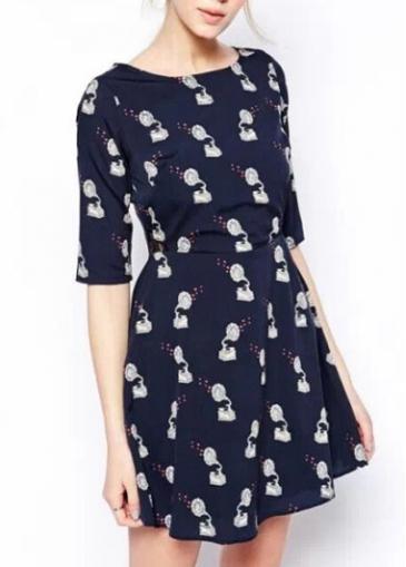 Rosewe Cute Half Sleeve Print Design Woman A Line Dress