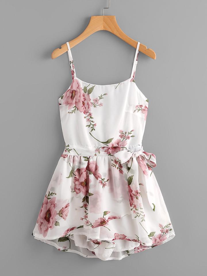 Shein Floral Print Random Knot Open Back Cami Romper