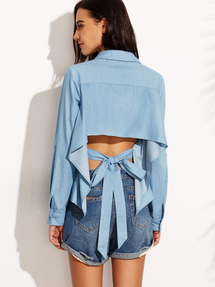 Shein Blue Tie Cut Out Back Rolled Up Sleeve Blouse