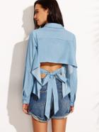 Shein Blue Tie Cut Out Back Rolled Up Sleeve Blouse
