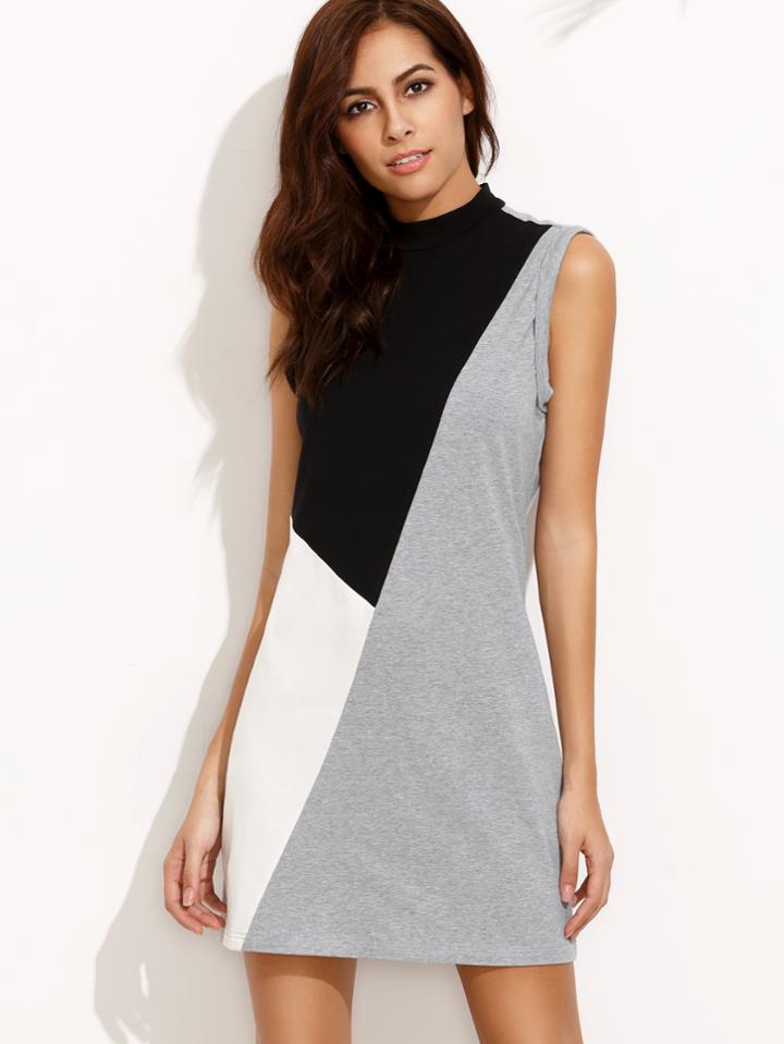 Shein Color Block Zipper Back Cuffed Tank Dress
