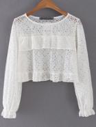 Shein White Round Neck Long Sleeve Ruffle Lace Blouse