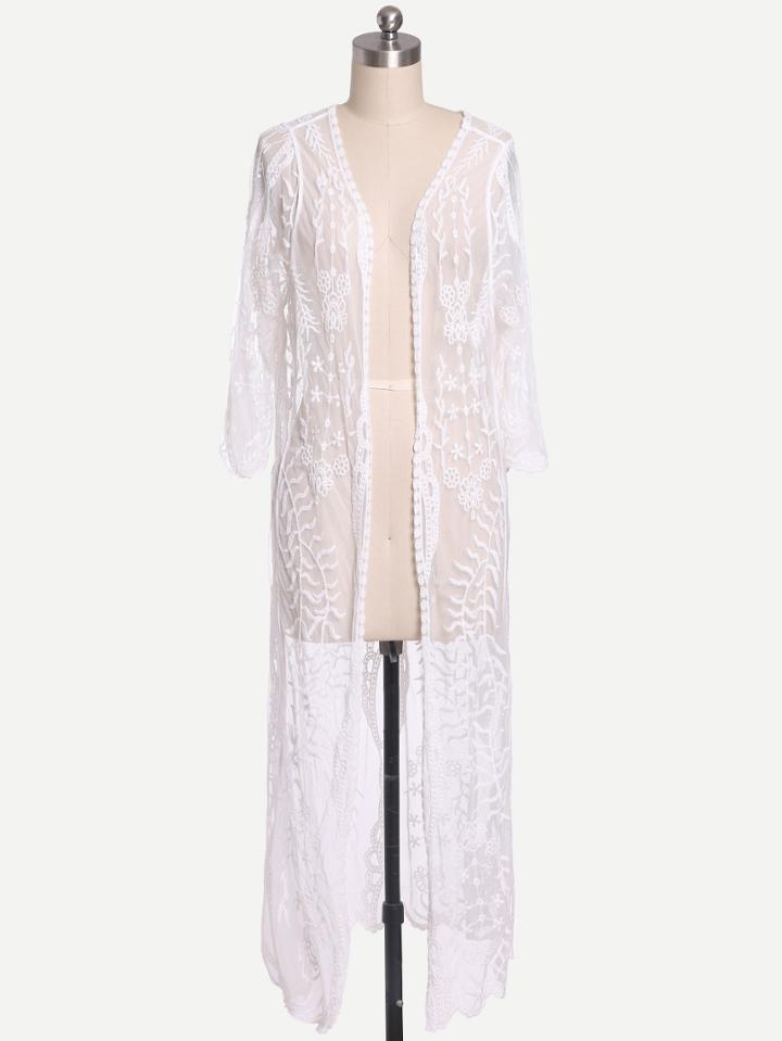 Shein White Embroidered Mesh Open-front Blouse