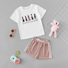 Shein Girls Cartoon Print Tunic Tee & Drawstring Shorts Co-ord