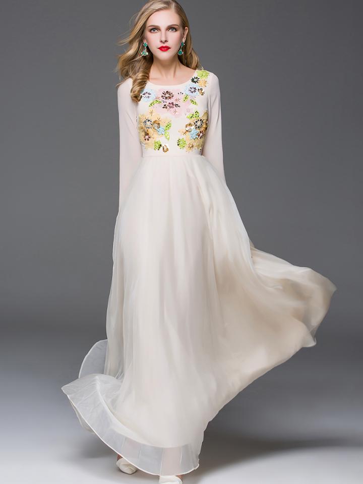 Shein Apricot Round Neck Long Sleeve Embroidered Beading Dress