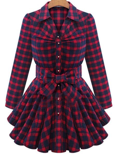 Shein Red Lapel Plaid Bow Dress