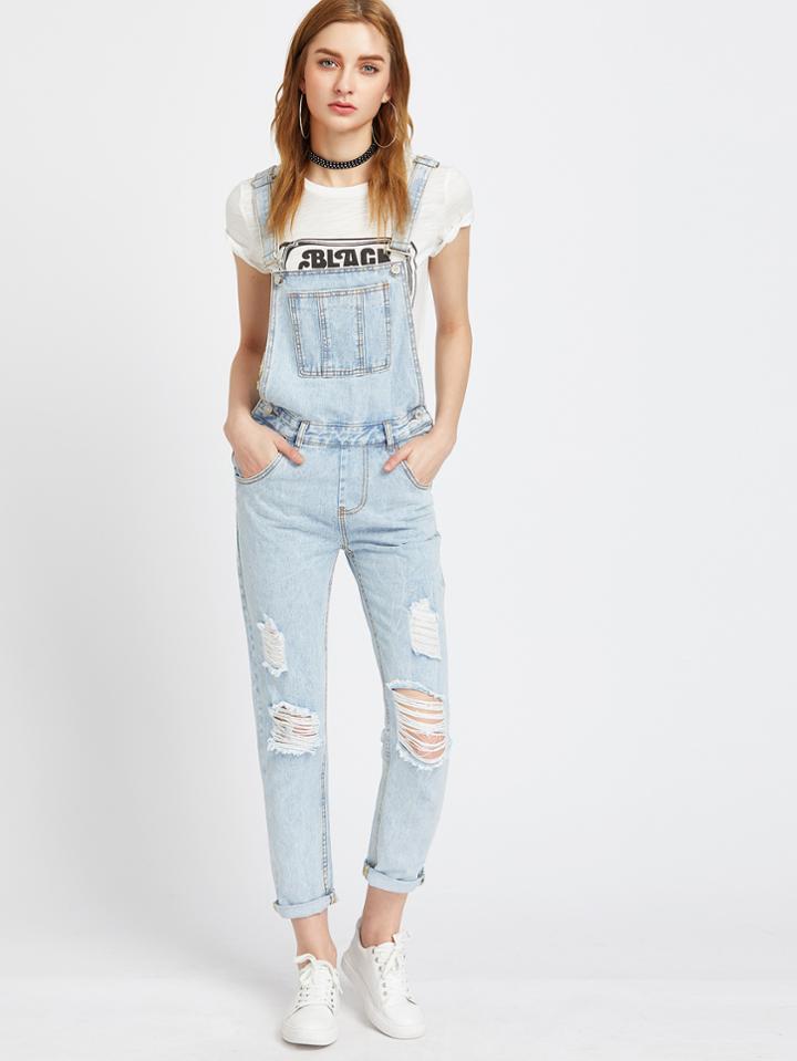 Shein Light Blue Ripped Bleach Wash Cuffed Overall Jeans