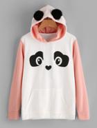 Shein Contrast Sleeve Panda Hoodie With Faux Fur Ball