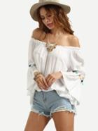 Shein White Off The Shoulder Bell Sleeve Pom Pom Pleated Shirt