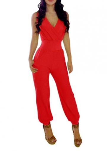 Rosewe Sleeveless V Neck Red Ankle Length Jumpsuit