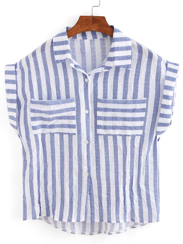 Shein Wide Mixed Striped Dual Pocket Cap Sleeve Blouse
