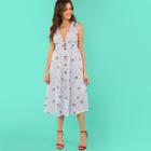 Shein Stripe And Cherry Print Button Up Dress