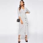 Shein Asymmetric Buttoned Placket Belted Grid Dress