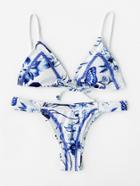 Shein Porcelain Print Braided Detail Triangle Bikini Set