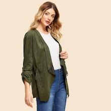 Shein Roll Tab Sleeve Drawstring Suede Waist Coat