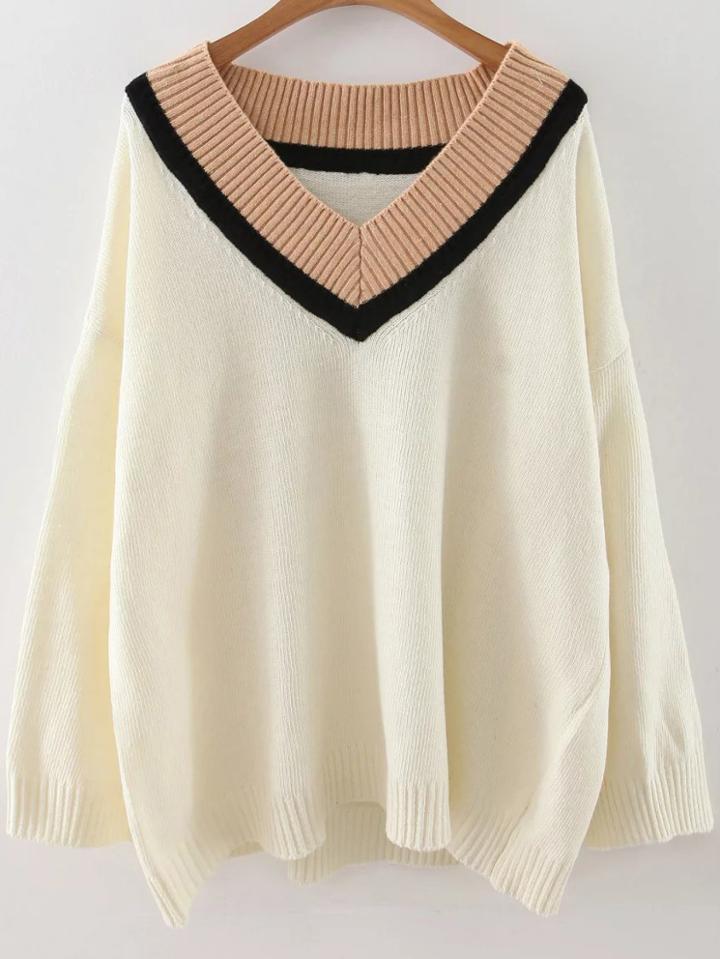 Shein White V Neck Drop Shoulder Loose Sweater