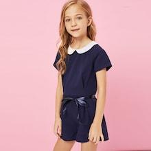 Shein Girls Contrast Collar Zip Back Tie Waist Jumpsuit