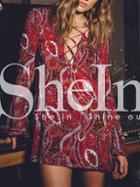 Shein Multicolour  Long Sleeve Lace Up Vintage Print Dress
