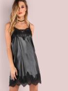 Shein Black Faux Leather Lace Trim Cami Dress