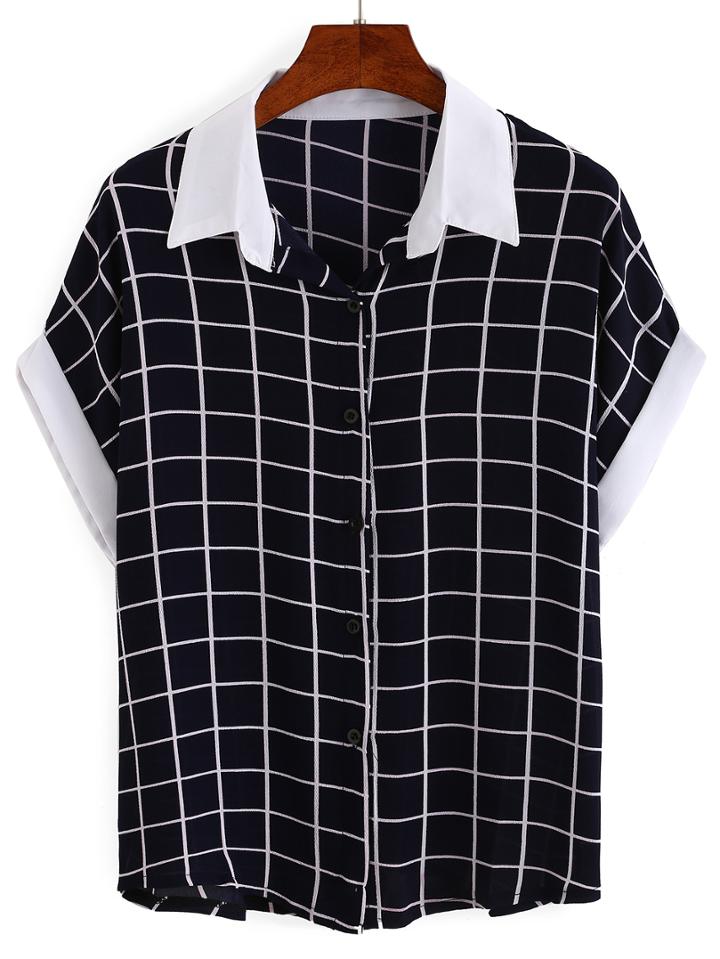 Shein Contrast Collar & Sleeve Grid Blouse
