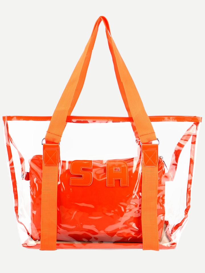 Shein Orange Trim Clear Tote Bag With Make Up Bag