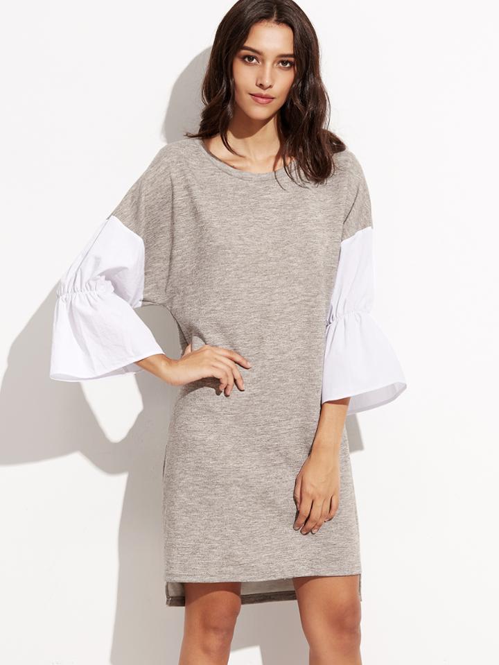 Shein Heather Grey Contrast Ruffle Sleeve High Low Dress