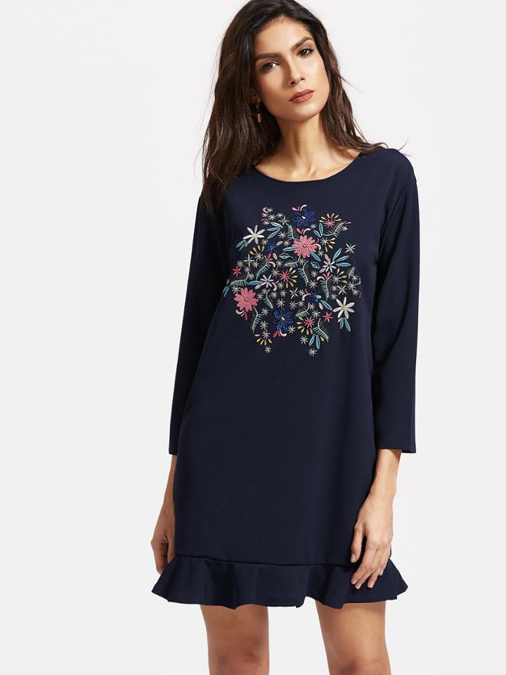 Shein Navy Flower Embroidery Ruffle Hem Dress