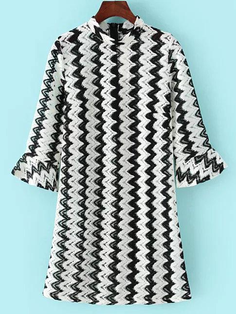 Shein Black White Bell Sleeve Hollow Dress