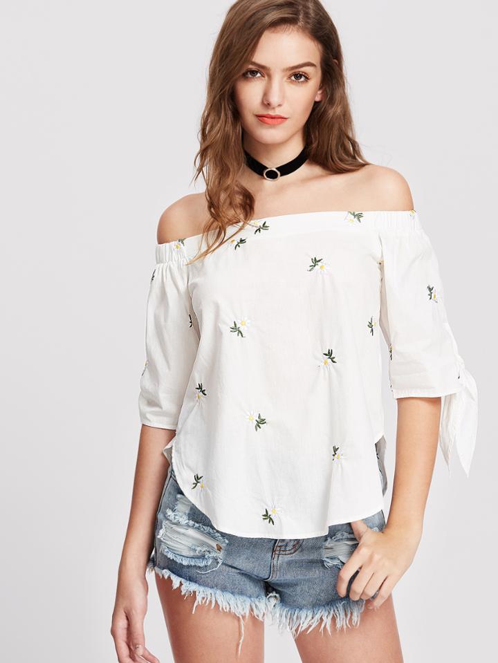 Shein Tie Sleeve Daisy Embroidered Curved Bardot Top