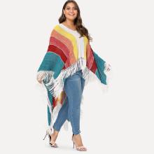 Shein Plus Knot Fringe Hem Striped Poncho
