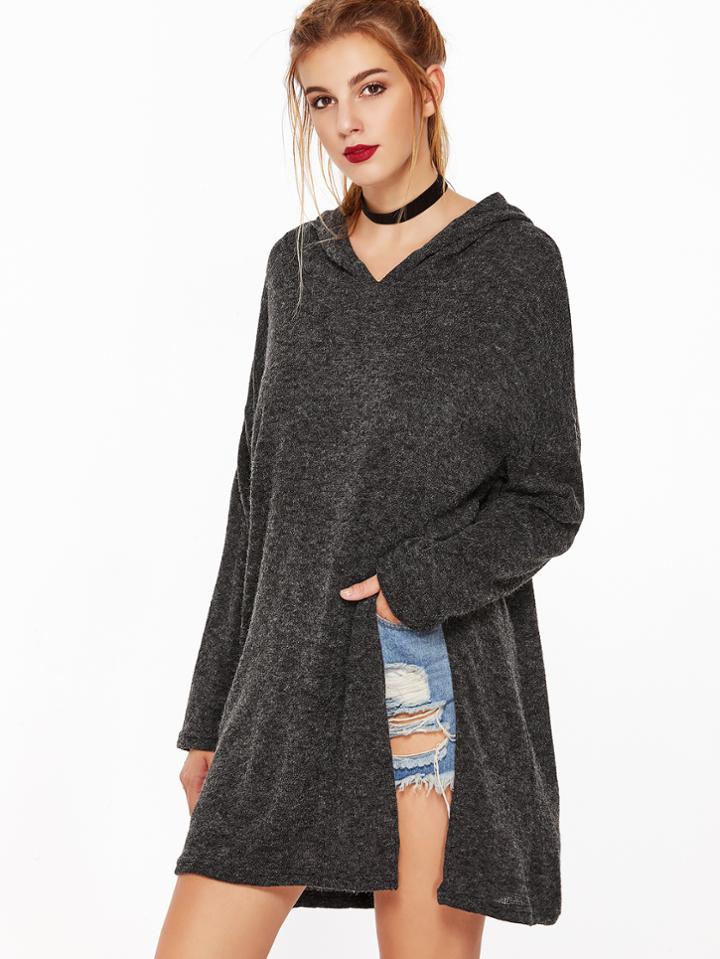 Shein Dark Grey Hooded Slit Hem T-shirt