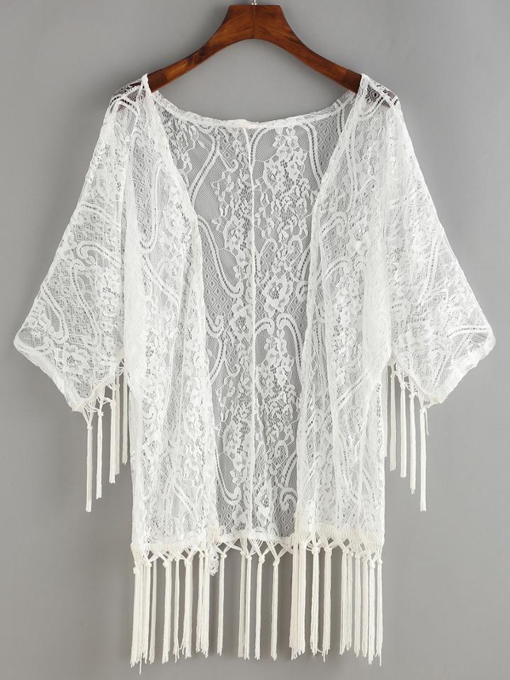 Shein Fringe Open-front Cover-up Lace Blouse