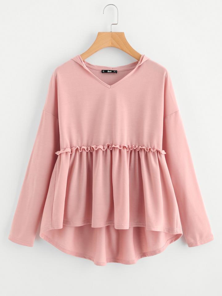 Shein Frilled Dip Hem Smock Hoodie Tee