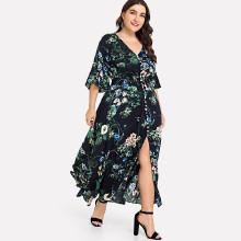 Shein Plus Trumpet Sleeve Tassel Button Front Dress